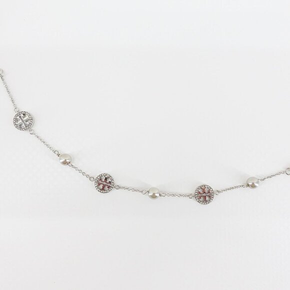 Tory Burch Crystal Logo & Imitation Pearl Station Bracelet Silver OS - Picture 7 of 15